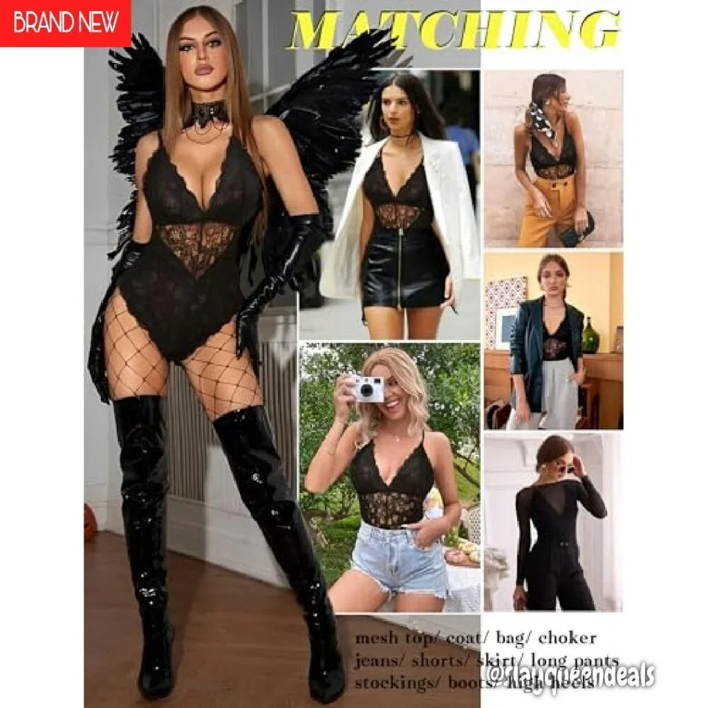 Snap Crotch Lace Bodysuit Deep V Teddy One Piece Lingerie